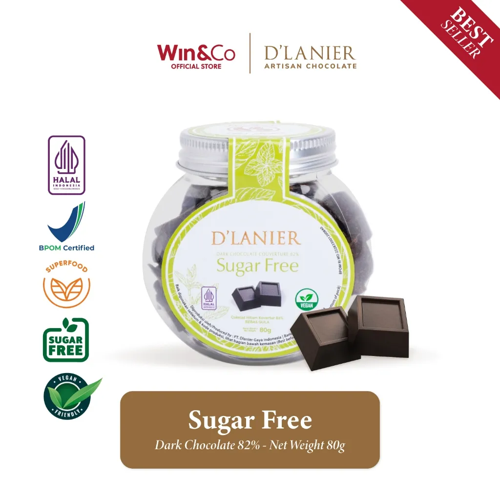 D'Lanier Sugar Free Dark Chocolate 82% with Naturally sweetened from Stevia - 80 gr