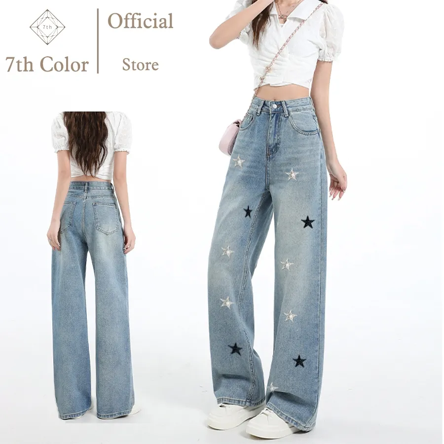 7th Color / ✅Ready Kirim Jeans Panjang Wanita Bordir Motif Bintang Celana Jeans Wanita Korean Style Kekinian