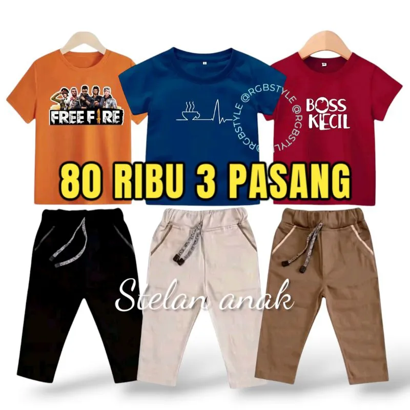 PROMO 80 RIBU DAPAT 6 PCS Setelan Anak Celana Panjang Kaos Distro Motif Karakter Terbaru Anomali Tung Tung Sahur Murah Grosir Baju Chinos