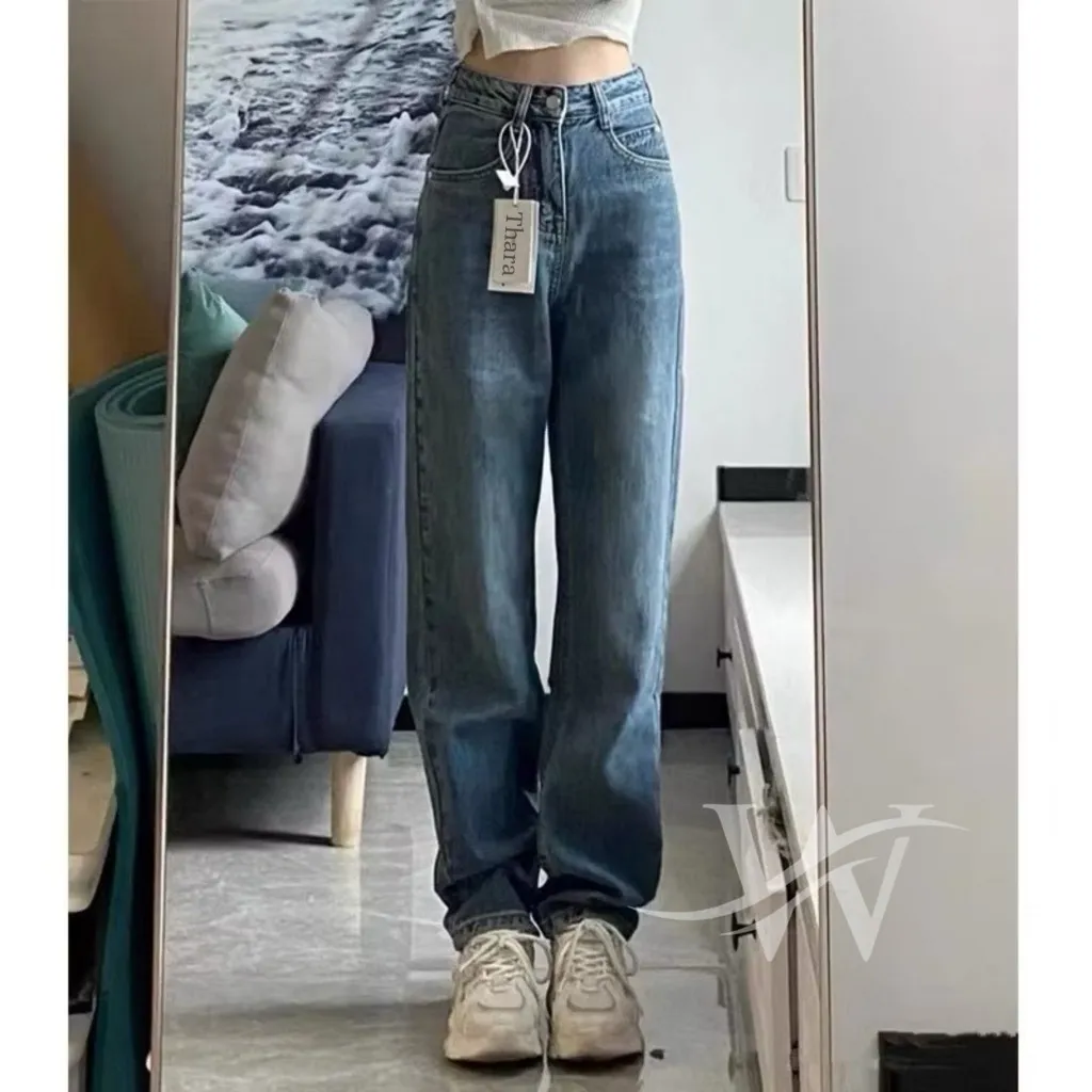 Celana Jeans High Waist Wanita Korean Style Jeans Baggy Pants Serbaguna Kasual Biru Retro 27-38