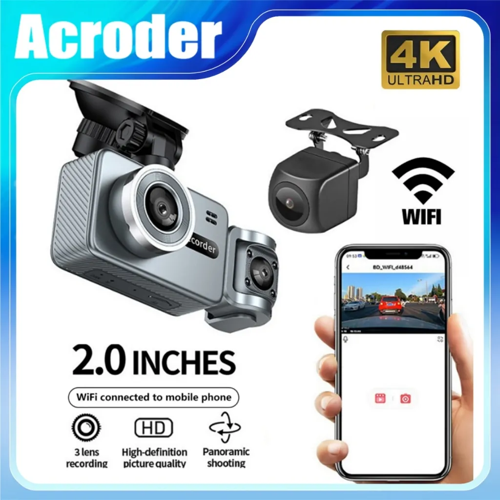 Acroder Dashcam Q2 4K UHD 3 Lens WiFi Pengawasan Parkir 24 Jam Dashcam Mobil