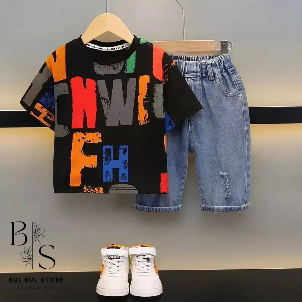 Setelan Anak Laki Laki 1-5 Tahun OneSet Baju Anak Cowok Setelan Jeans Anak Kaos Denim Alphabed by.BulBulStore