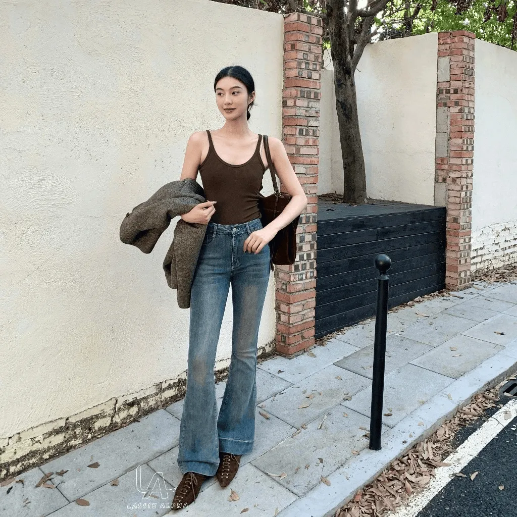 Lassie Alpha J79 ready stok Jeans Wanita Model Cutbray Highwaist Color Blue Retro Stretchy Material