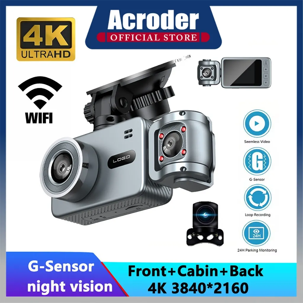 Acroder Dashcam Q2 WiFi 3 Channels 4K HDR 3 Inch Screen Night Vision Dashcam Mobil