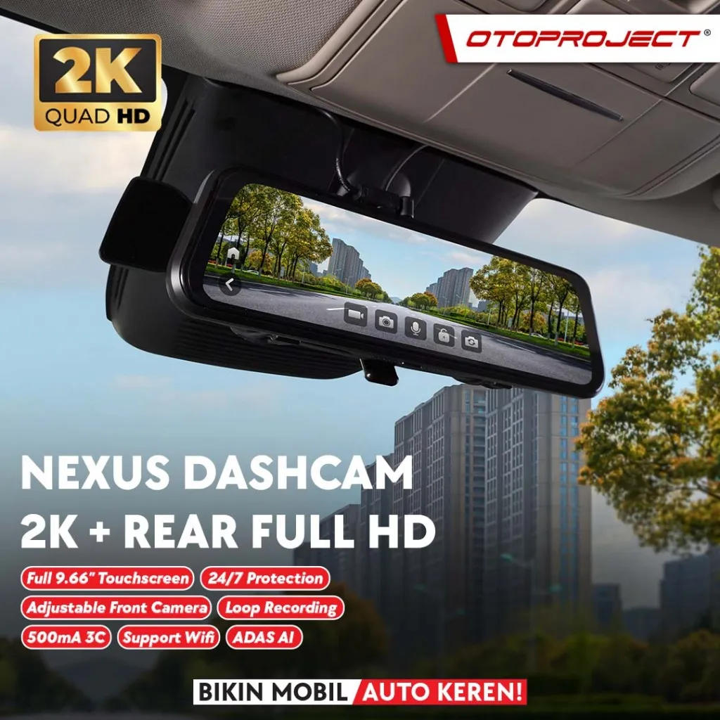 Otoproject - Dashcam Mirror Nexus 2K + Rear Full HD | Kamera Mobil Spion 128GB | Kamera Depan Belakang Full HD