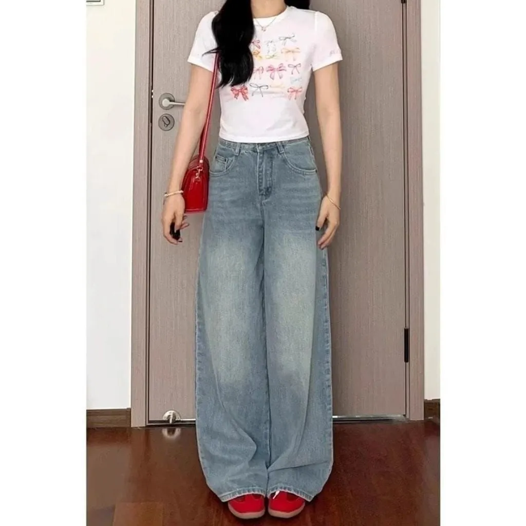 COD LULU Jeans Celana Jeans terbaru kulot Korea Biru muda pinggang tinggi--Baggy Jeans Denim