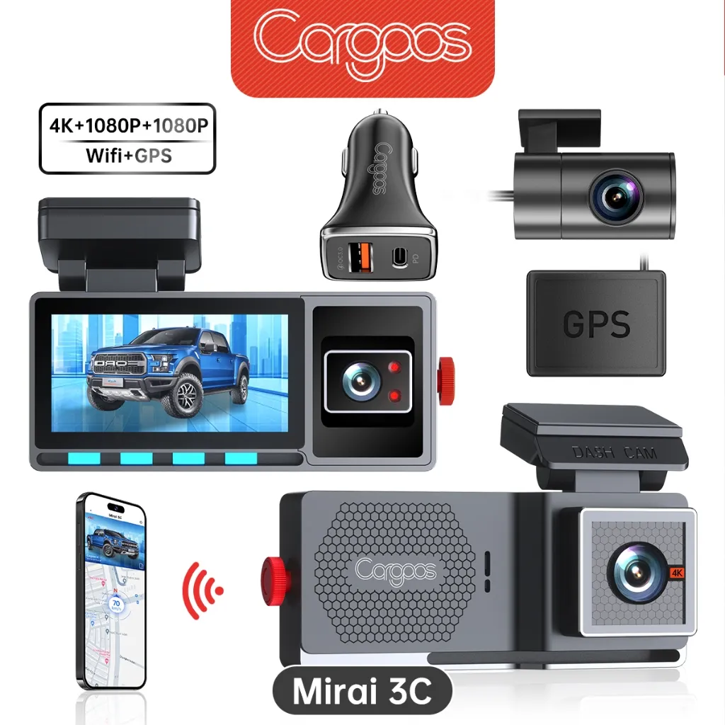 Cargoos Mirai 3C Dash Cam 3 Kamera 4K 1080p Wifi GPS Recording ADAS Dashcam Mobil Depan Belakang Kabin