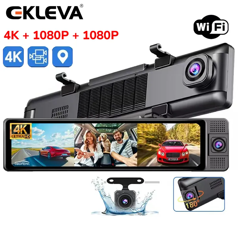 EKLEVA Dashcam Mobil 3 Kamera A8 DVR Mobil 4K UHD 11.26 Inci Layar Sentuh Support WIFI