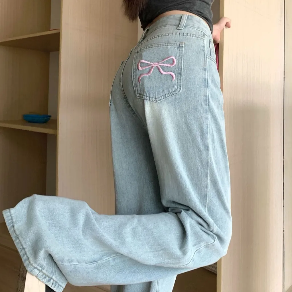 KATERMEN Jeans oversize wanita -Jeans pernyataan bordir-Jeans berkaki lebar-Jeans biru muda gaya