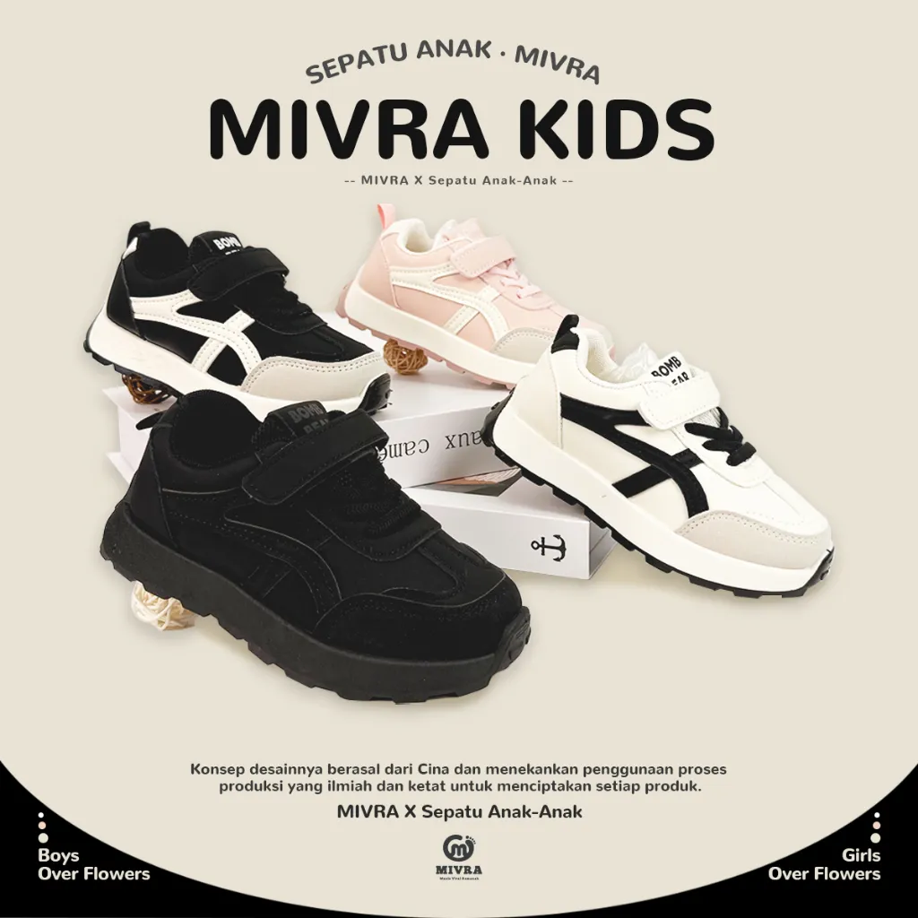 MIVRA Fashion Sepatu Premium Sekolah Anak TK cewe cowo Velcro sepatu lari all match sepatu kasual