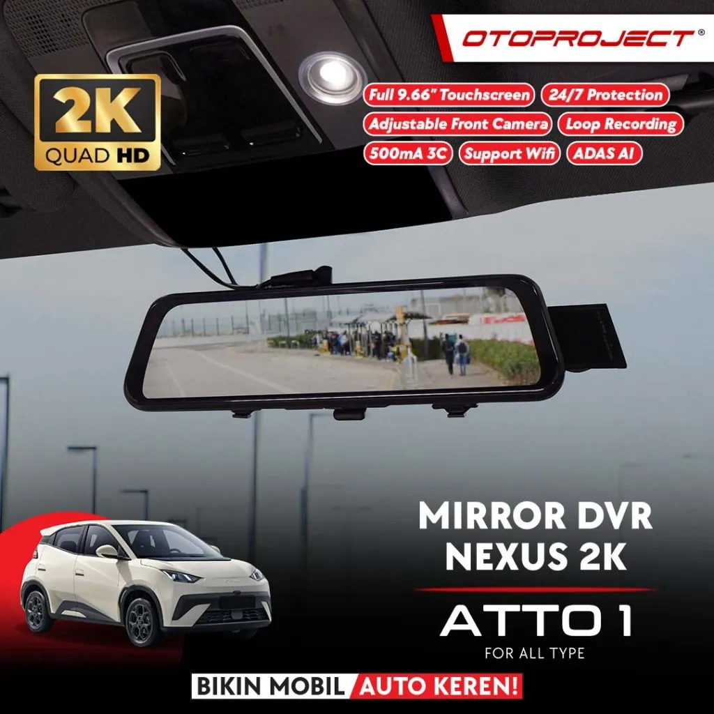 Otoproject - Dashcam Mirror Nexus 2K + Rear Full HD ATTO 1 | Kamera Mobil Spion 128GB | Kamera Depan Belakang Full HD