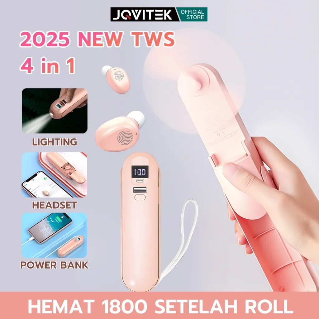 (2026 Baru)JQVITEK TWS 4in1 Headset Mini Kipas lucu Powerbank LED 4in1 Multifungsi Wireless Earphone Mini Fan Flashlight Powerbank T64