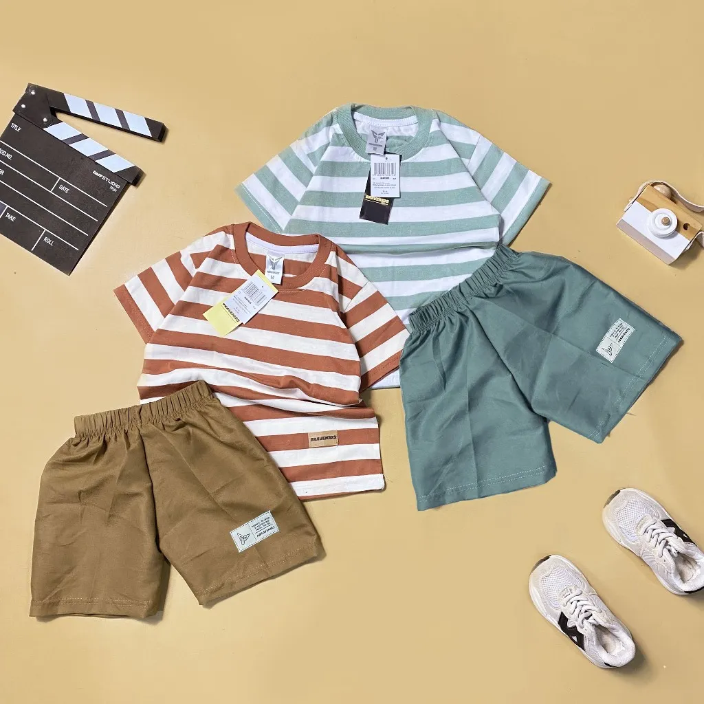 BRAVEKIDS - SETELAN ANAK LAKI LAKI KAOS SALUR STRIPE DAN CELANA COTTON COMBED 24S PREMIUM DISTRO NYAMAN DIPAKAI SUDAH SATU SET