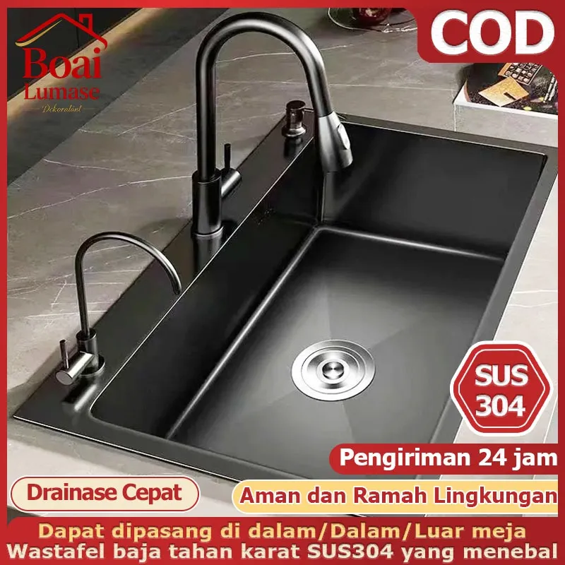 Wastafel Dapur Mesin Pencuci Piring Stainless [COD] Steel Wastafel Dapur Modern, Mesin Tebal 3,0mm SUS304 Wastafel Dapur Stainless Steel/Wastafel Piring dengan Keran Tarik
