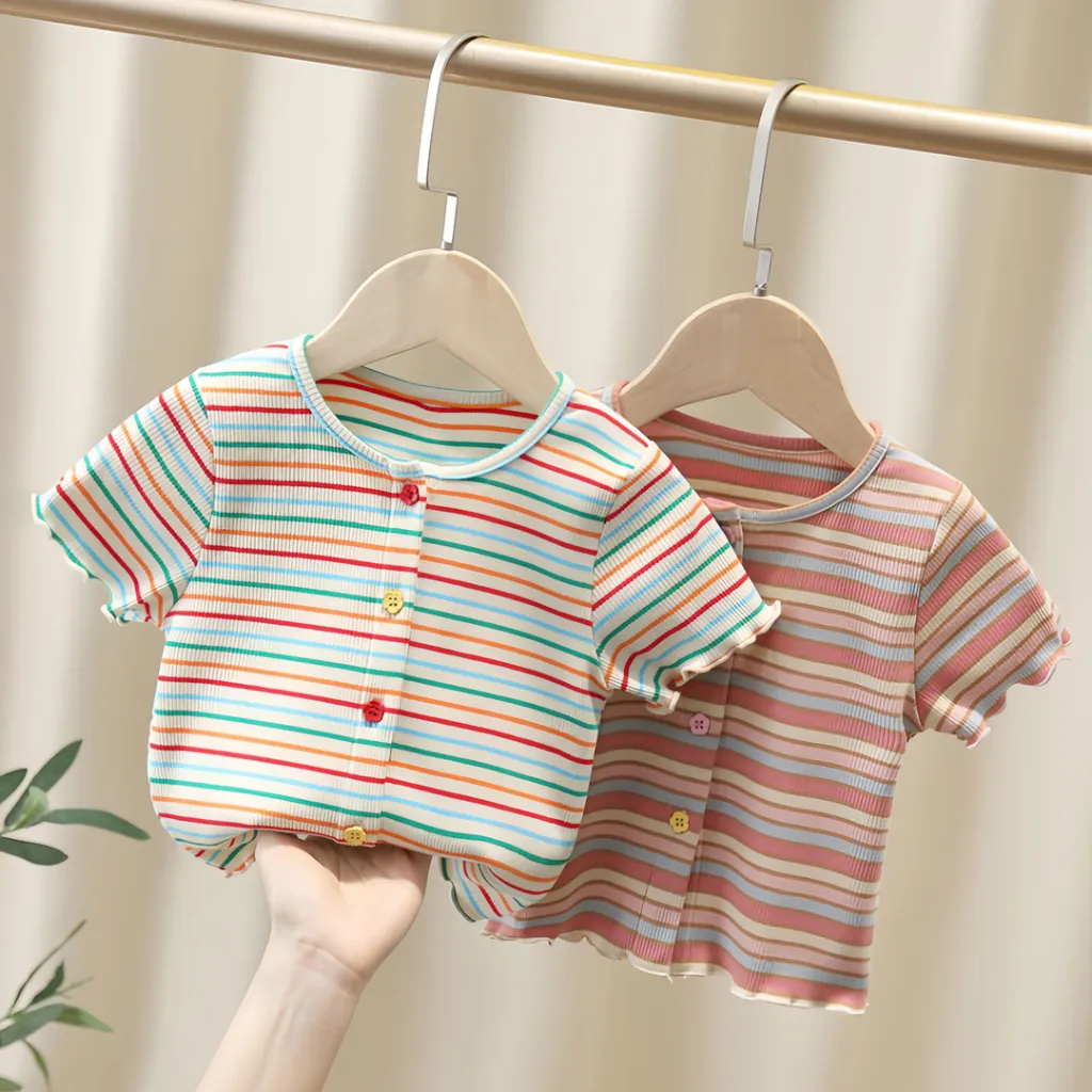 [PRINCESS KESLI] 2-11 Tahun Kaos anak perempuan, motif garis-garis katun murni warna-warni, cocok untuk musim panas! Beragam kaos anak perempuan yang stylish, nyaman, dan bergaya putri. (Kategori A) 11