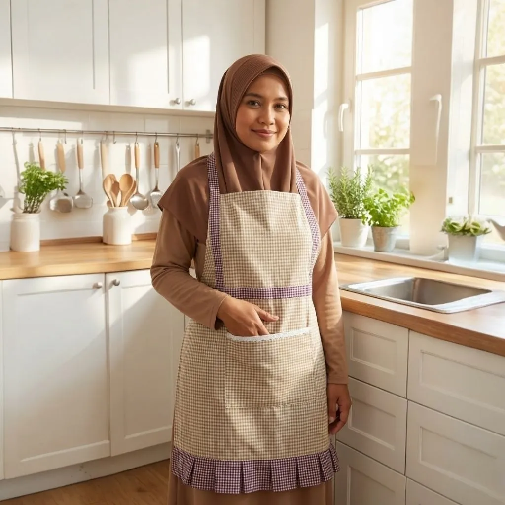 Celemek masak wanita korean style kombinasi kotak/Apron masak premium tebal murah