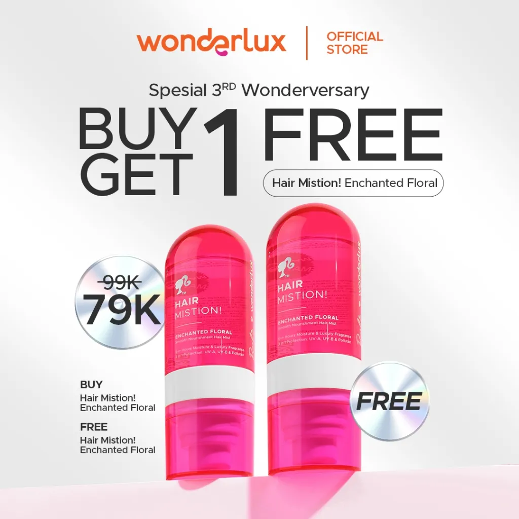 [BUY 1 GET 1] Wonderlux Hair Mistion! Enchanted Floral Hair Mist Wangi Elegan Woody 50ml Proteksi Maksimal Atasi Sinar Matahari UV-A UV-B Polusi Ekstra Lembab dan Tahan 6 Jam++