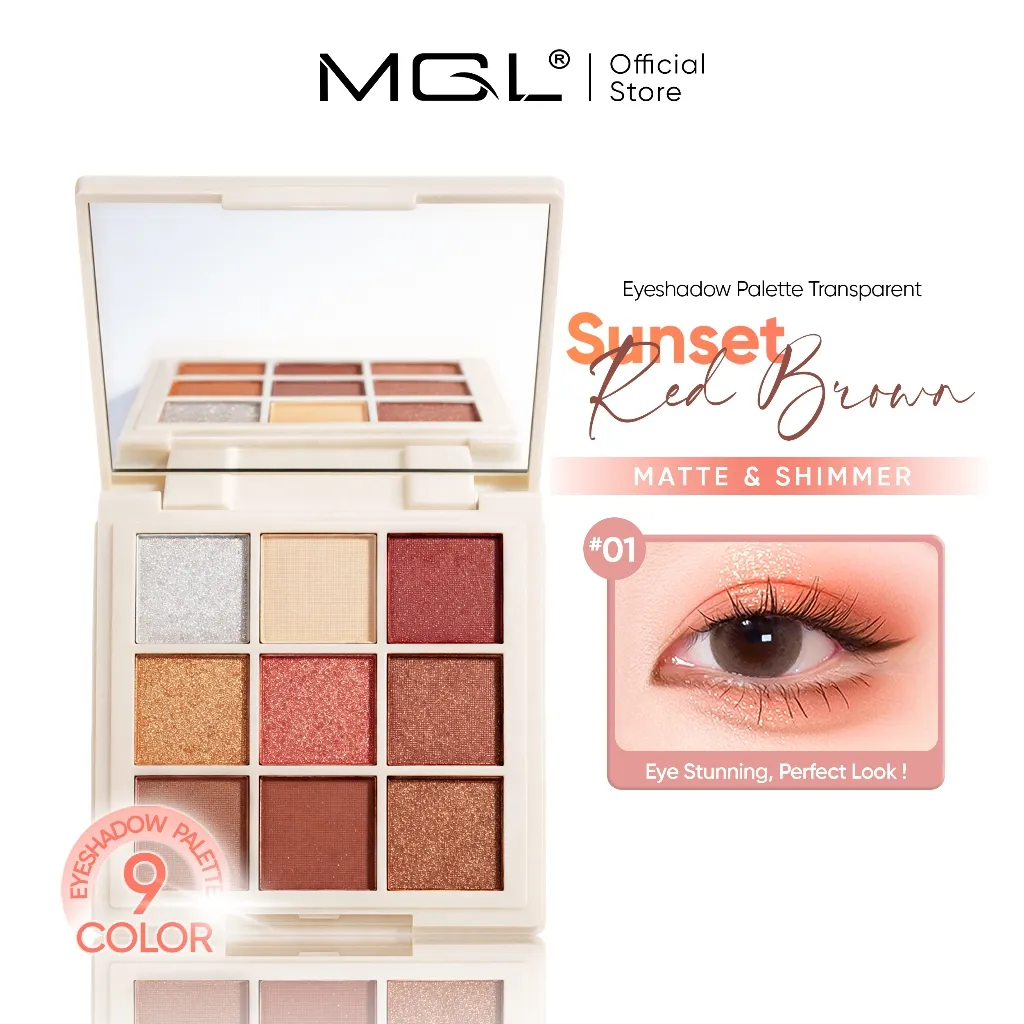 MGL Eyeshadow Palette Transparent 01 Sunset Red Brown – 9 Warna Bold Glamor Pigmented & Waterproof