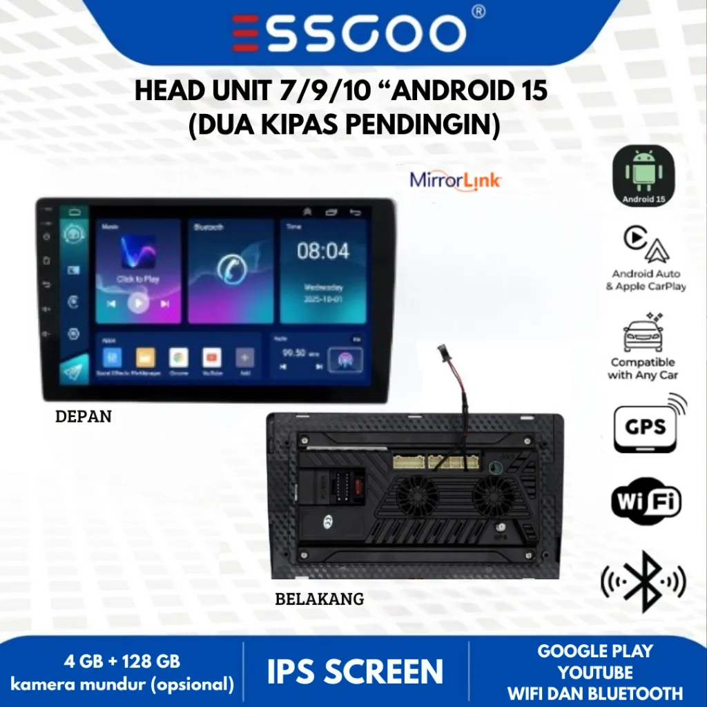 ESSGOO Head Unit Android 15 mobil 4G+128G 7/9/10 Inch Double Cooling Fan Kontrol Suhu Cerdas IPS Layer Mobil Navigasi Wifi Bluetooth Mirror Link GPS AUX FM Car Kabel tv mobil