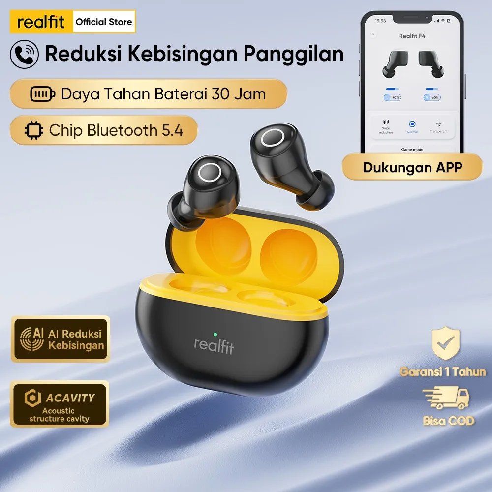 [TWS Mungil ] Realfit F4 AI Noise Cancelling Bluetooth Earphone dengan Kontrol Mikrofon Aplikasi Kustomisasi EQ Latensi Rendah