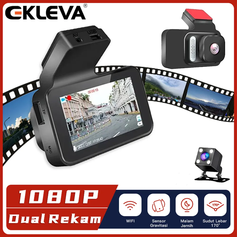 EKLEVA Dashcam Mobil Dual Kamera HD 1080P WIFI 3 Inci Layar DVR Mobil Kamera Dasbor Penglihatan Malam