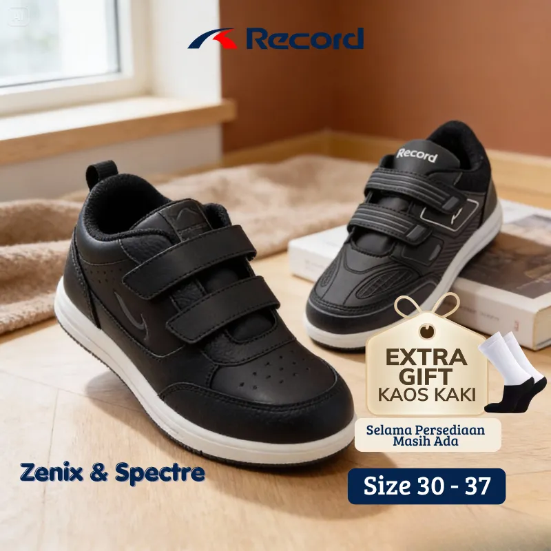 RECORD ZENIX BTS SEPATU SEKOLAH ANAK TK SD SMP COWO CEWE FULL BLACK HITAM PUTIH PEREKAT 30-37 4-13TH