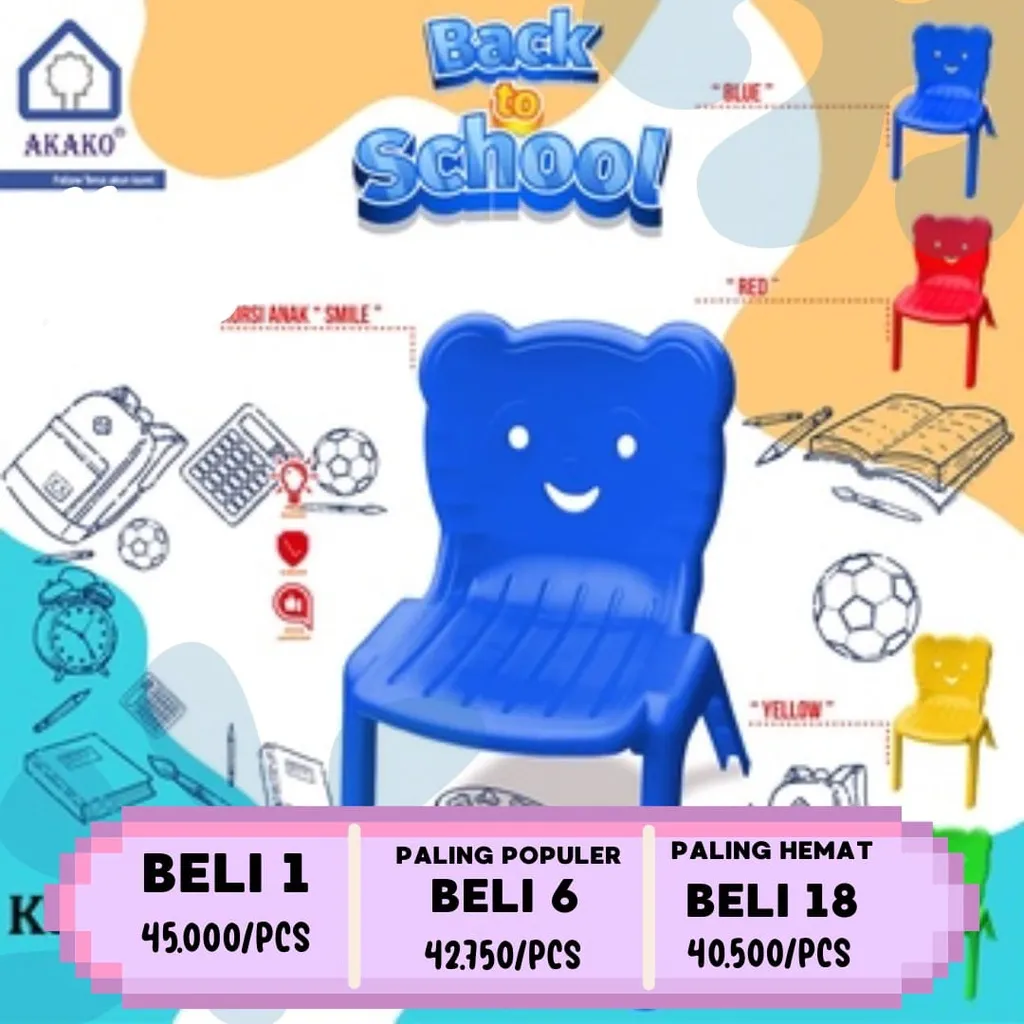 AKAKO Kursi Anak "SMILE" Lucu Motif Beruang (Back to School) - Kursi Belajar & Main Aman! BTS - SMILE