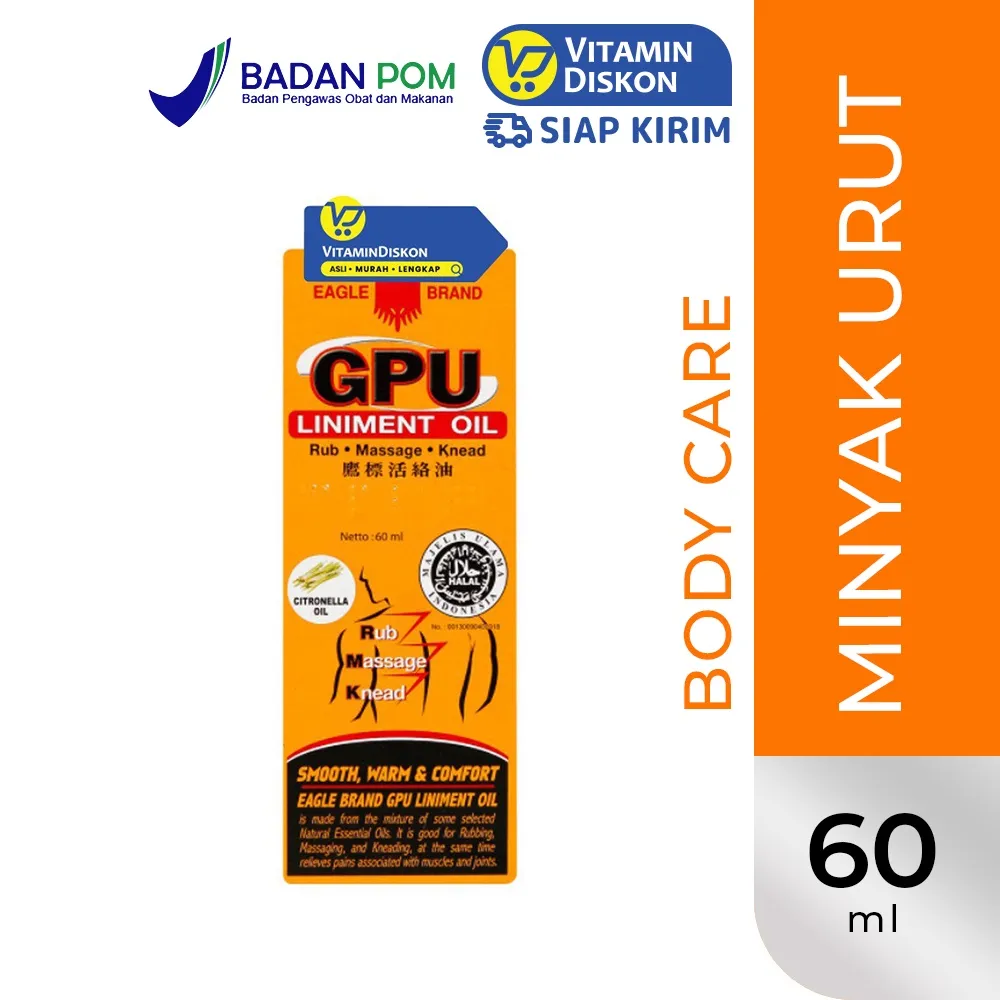 CAP LANG MINYAK URUT GPU 60 ML berkhasiat untuk meredakan ketegangan otot dan sebagai minyak pijat.