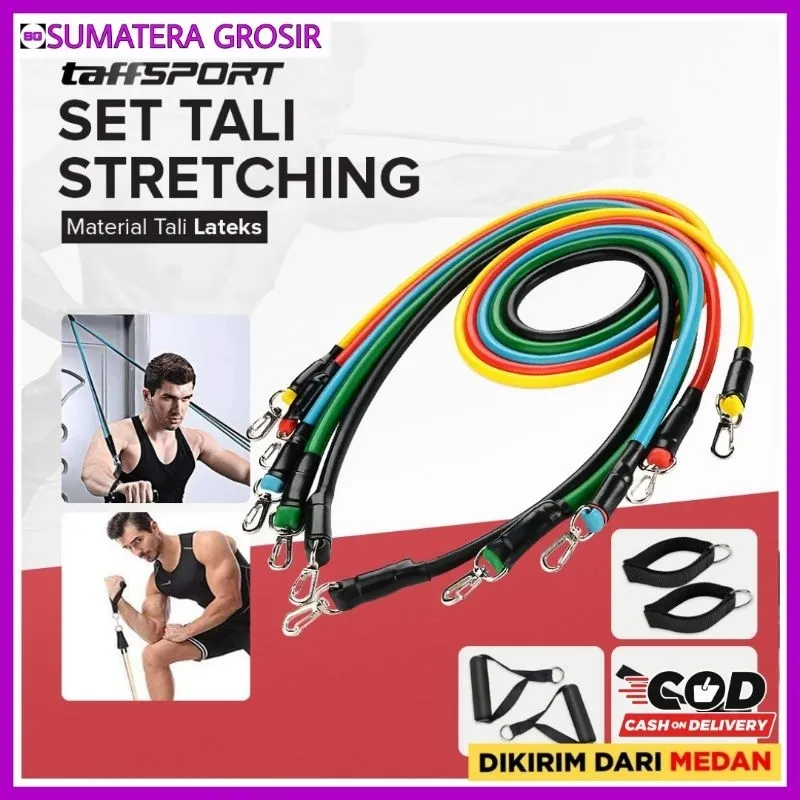 TaffSPORT 11 in 1 Tali Stretching Resistance Band Pilates Tube Yoga Fitness 11 Set - Alat Olahraga Dirumah Tali Karet Rope Elastis Pembantu Stretching Resistence bands Pria Wanita Laki Laki Perempuan Cowok Cewek Pria Wanita Laki Laki Asli Original