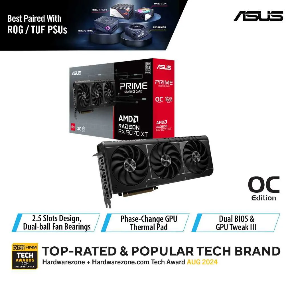 ASUS Prime Radeon RX 9070 XT OC Edition 16GB GDDR6 Graphics Card (PCIe 5.0, HDMI/DP 2.1, 2.5-slot design, axial-tech fans, dual ball fan bearings, dual BIOS, ASUS GPU Guard)