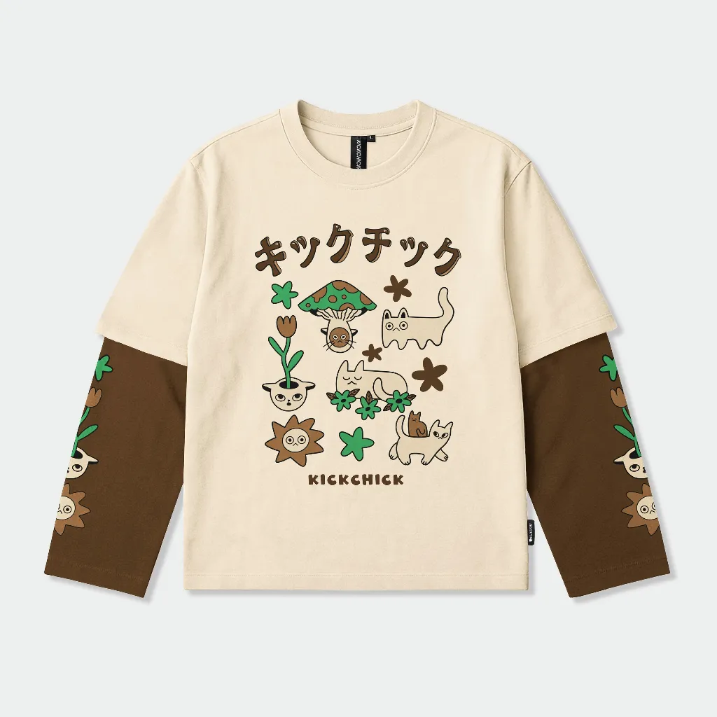 Kickchick Double Sleeve Quirk Cream Brown | Kaos Oversize | Lengan Panjang Unisex KCDS012