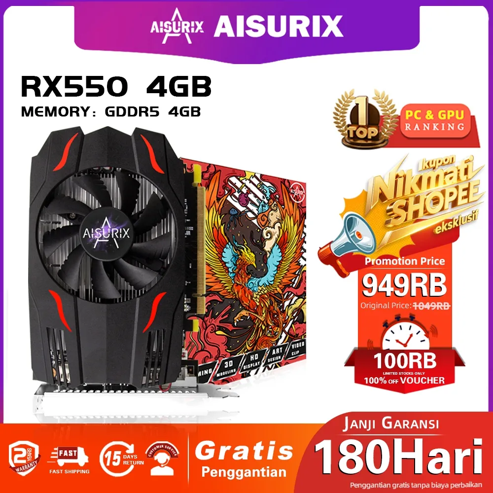 AISURIX RX550 4GB VGA Card D5 LP GPU GDDR5 128bit Desktop computer PC Video Cards support VGA/DVI-D/HDMI PCI-E 3.0