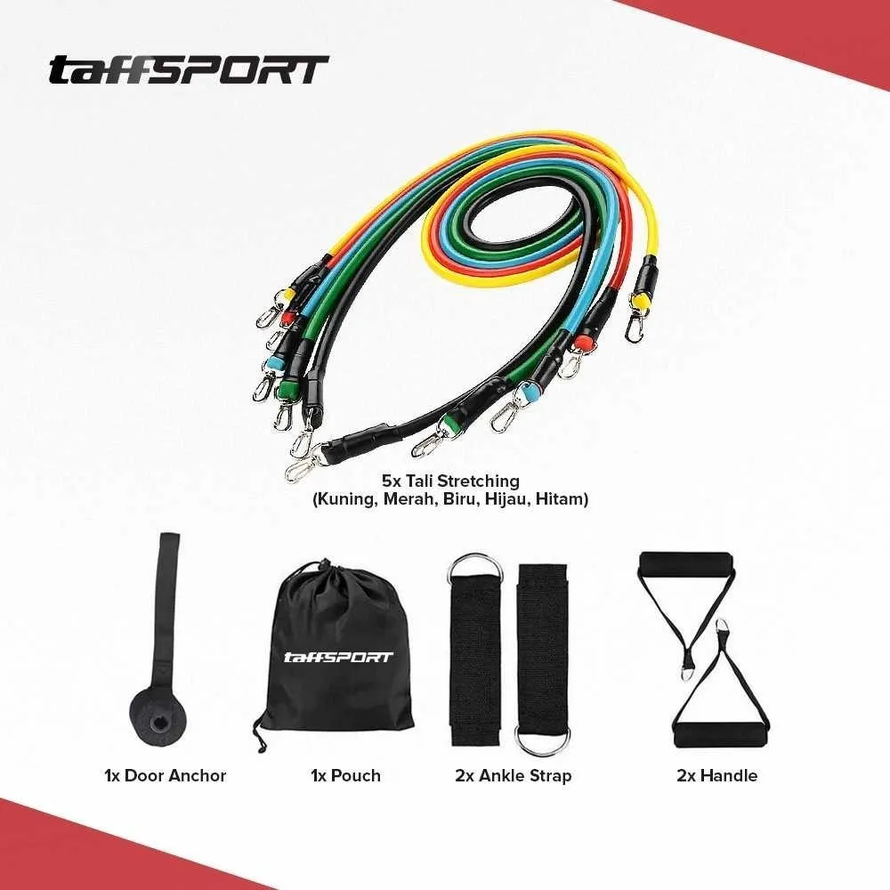 TaffSPORT 11 PCS Set Tali Stretching Pilates Tube Tali Resistance Band Pembantu Gym Fitness Olahraga