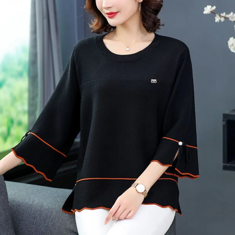 Baju Atasan Menutupi Perut Longgar Versi Korea Kaos Dalaman Rajutan Sutra Es Lengan 3/4 untuk Ibu