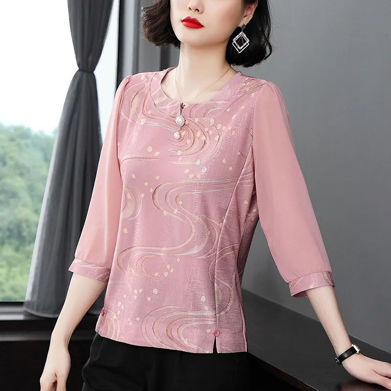 Kemeja sifon temperamen ukuran plus wanita paruh baya musim semi lengan tiga perempat ibu baru