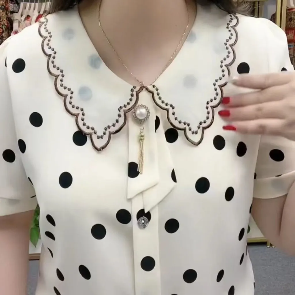 Kemeja Longgar Baru Musim Panas Remaja Lengan Pendek Chiffon Blus Ibu Kelas Atas