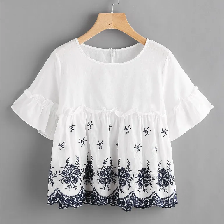 SENJACOLLECTION Baju Atasan Pakaian Blouse Blus Bangkok Putih jumbo Lengan Pendek Bordir