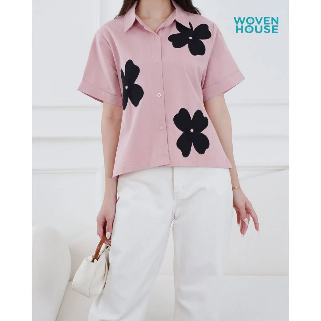 Kesha Top Blouse Linen Flower - Atasan Kemeja Katun Motif Bunga