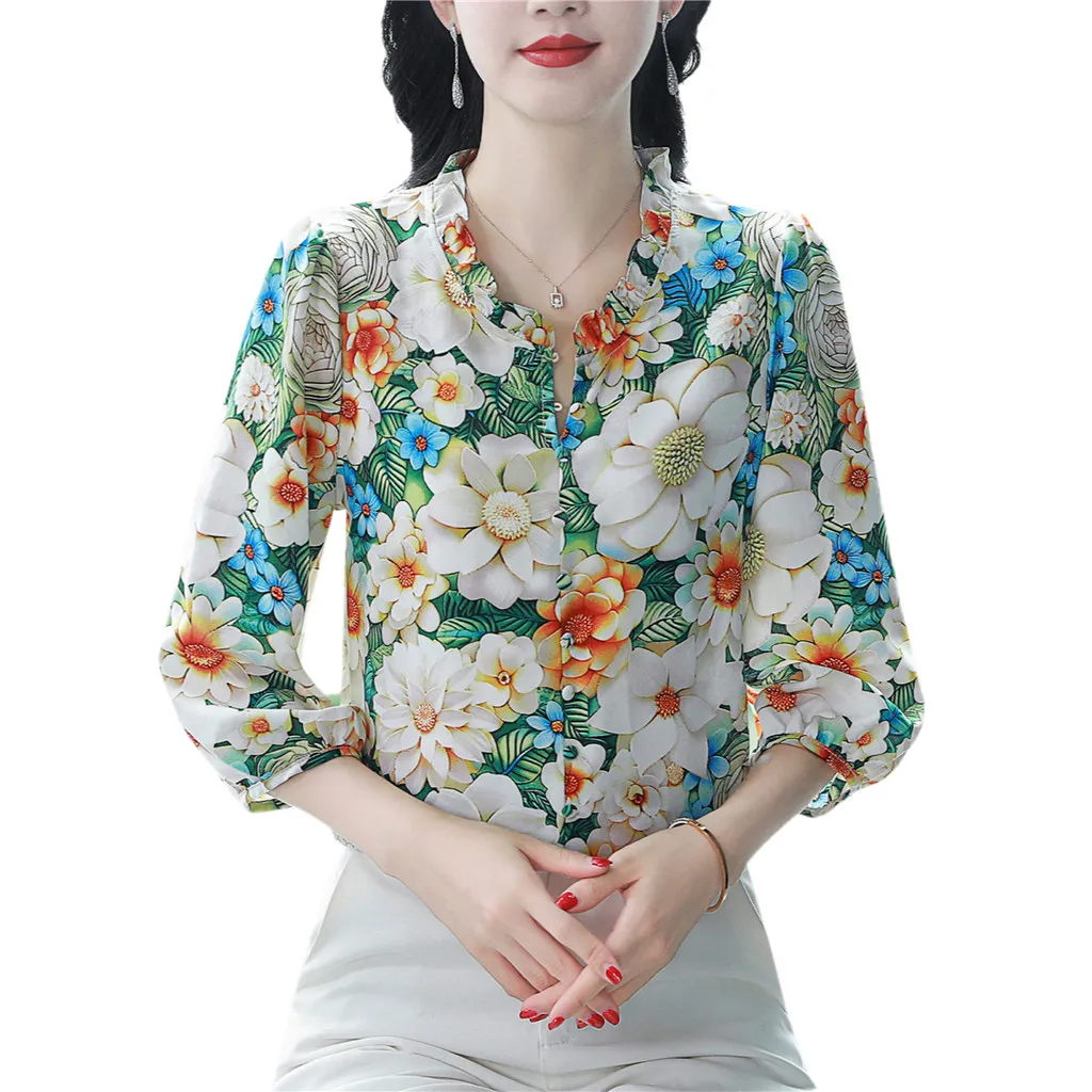 Bebovizi Blus Lengan 3/4 Korea Fashion Kerja Kasual Motif Sifon Atasan Wanita