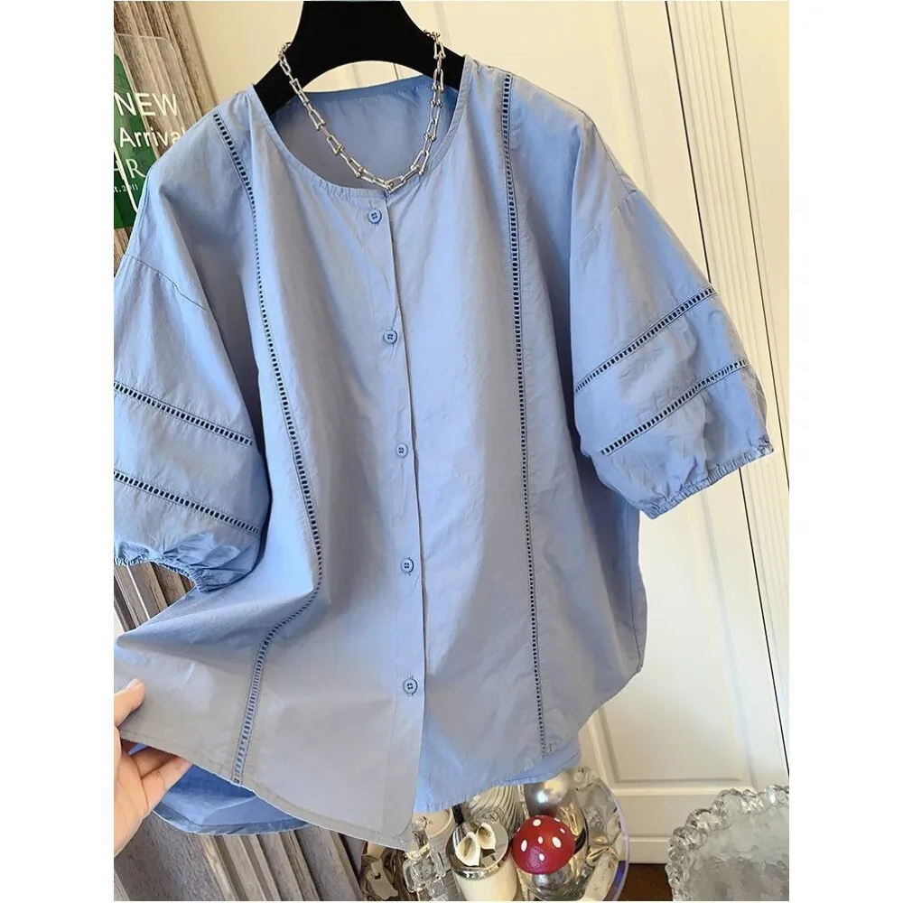 CHICMORE kemeja wanita lengan pendek model puff dengan kerah bulat gaya minimalis