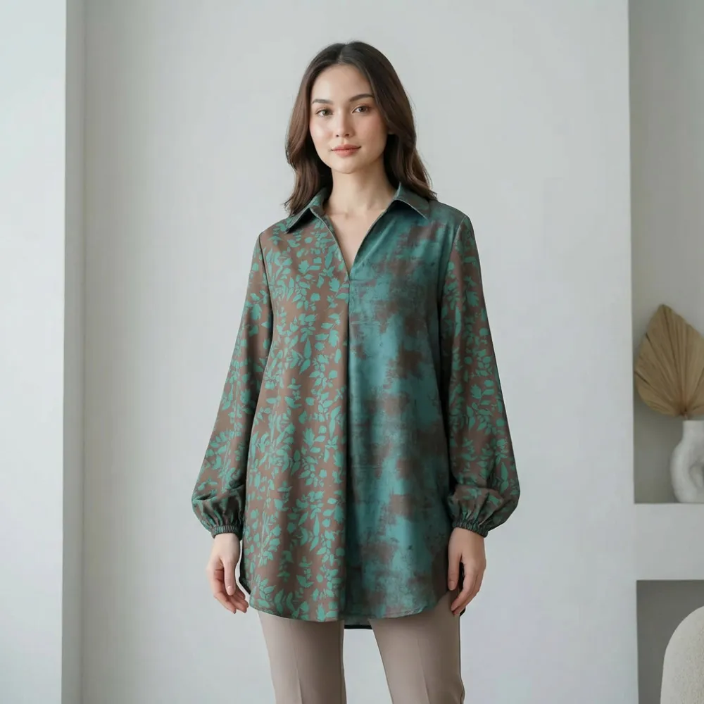 TENDBLANK Atasan gaya retro kerah v model longgar motif cetak untuk wanita