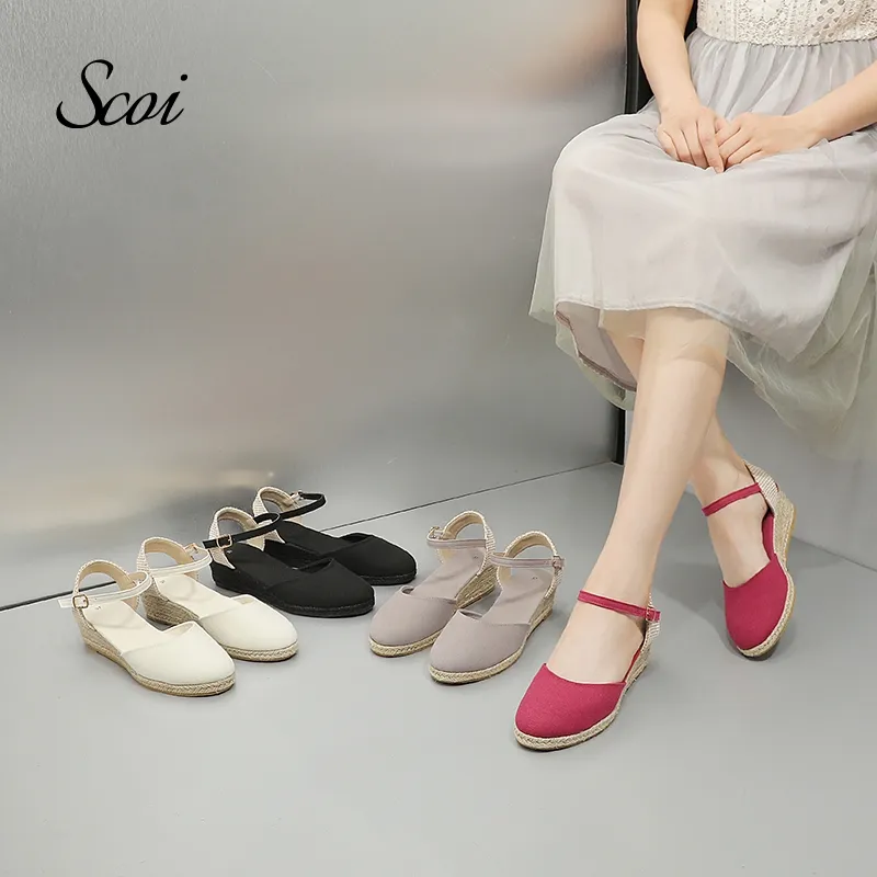 Scoi Sandal Platform Peep Toe Wanita Dengan Hak Wedges Espadrille