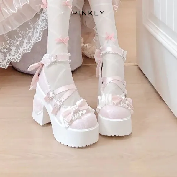 PINKEY P418 Sepatu Platform Hak Tinggi Wanita Lolita – Heels Renda Pita Pastel Pink Putih Biru