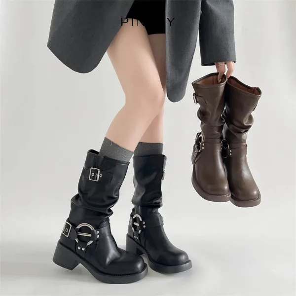 PINKEY P427 Boots Wanita Platform Heels – Sepatu Boots Mid Calf Kulit Premium, Buckle Strap