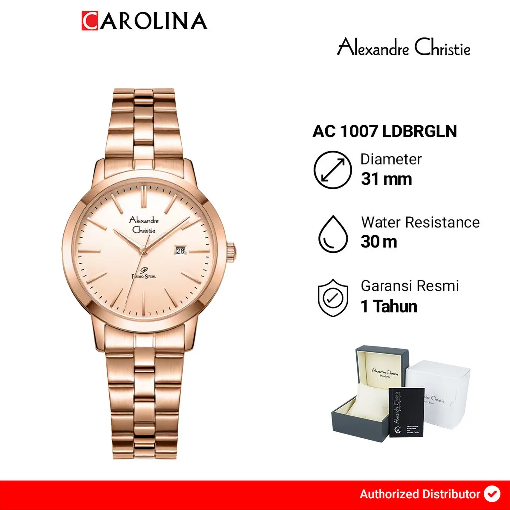 Jam Tangan Wanita Alexandre Christie Primo Steel AC 1007 LDBRGLN Rose Gold Dial Rose Gold Stainless Steel Strap