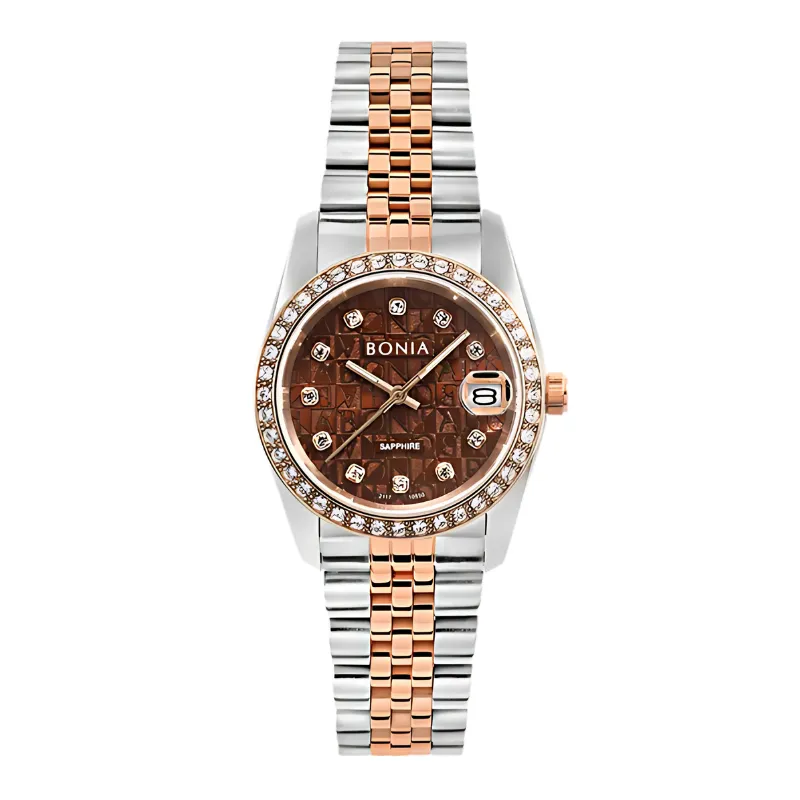 Jam Tangan Wanita Bonia Noble 32mm Brown Monogram Dial Stainless Steel Analog B10550-3646S Original