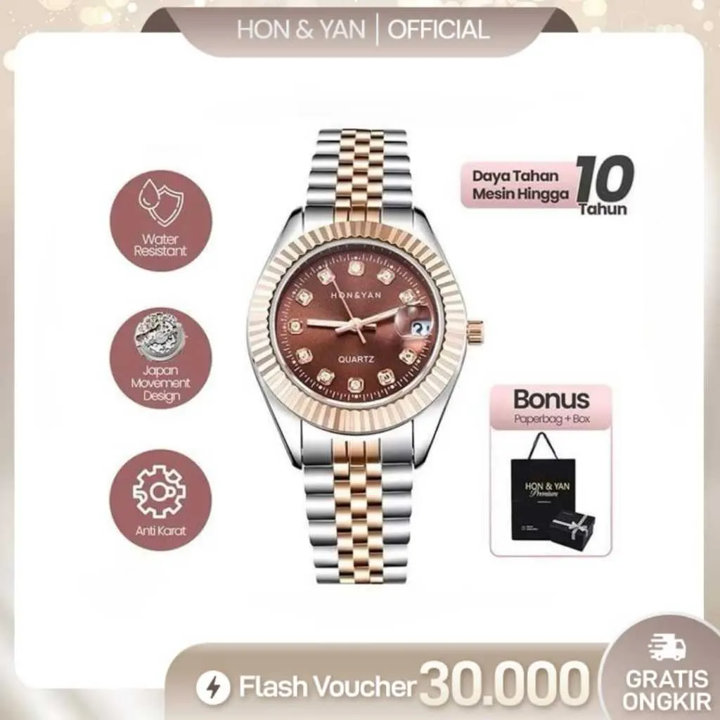 HONYAN Jam Tangan Wanita Anti Air 30M Iris Watches Mesin Jepang Tali Stainless Steel Otomatis Date