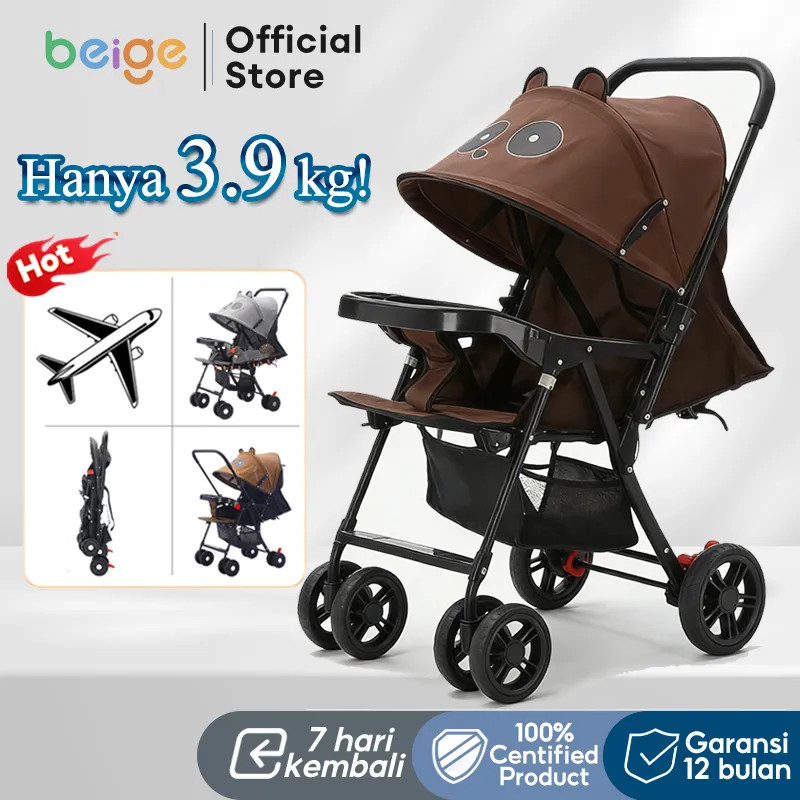 BEIGE Stroller Bayi 2 Arah Lipat Ringan Bisa Tidur Rata Travel Kereta Dorong Anak 0-8 Tahun