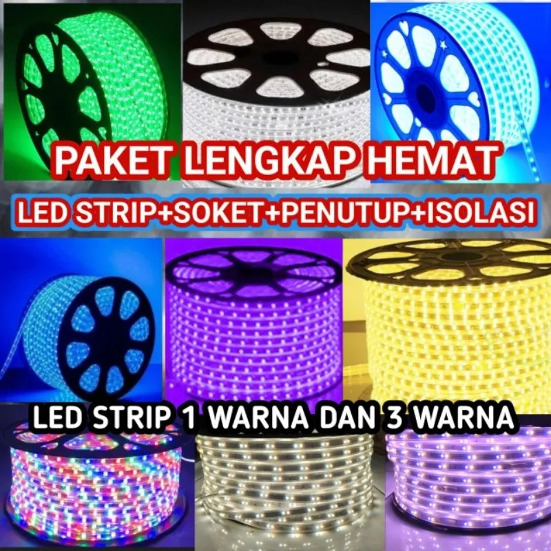 PAKET HEMAT LED STRIP 5050 10M , 15M , 20M , 30M (LED, SOCKET, TUTUP, ISOLASI)