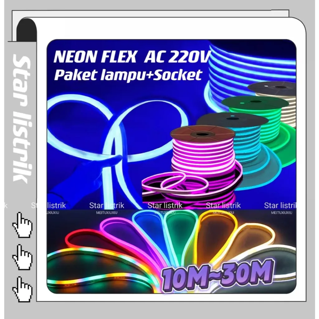 Paket Lampu Neon Flex 220V 10m 15m 20m 25m 30m 30 meter Led Selang Fleksibel 220v Warna Neon Box Outdoor ip65 Huruf DIY 220v strip